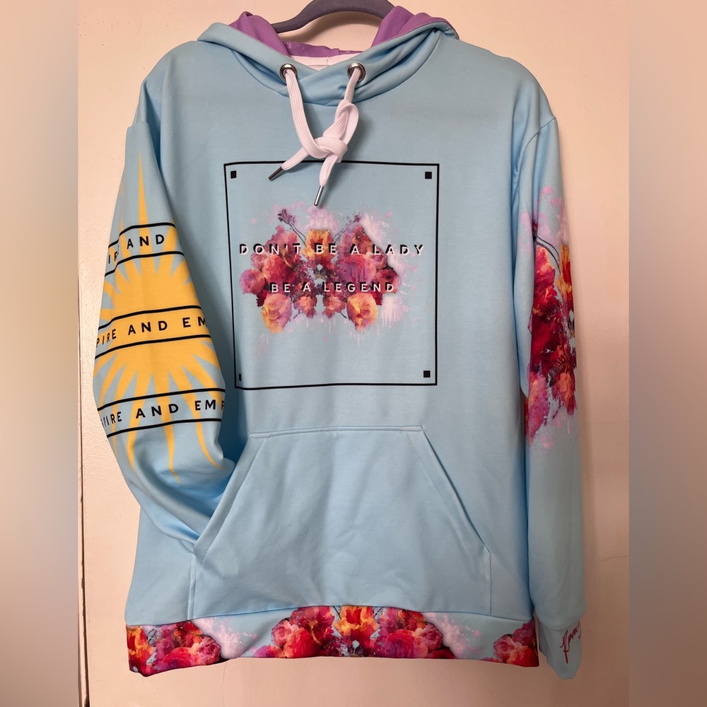 Blue Graphic Hoodie with Floral Accents